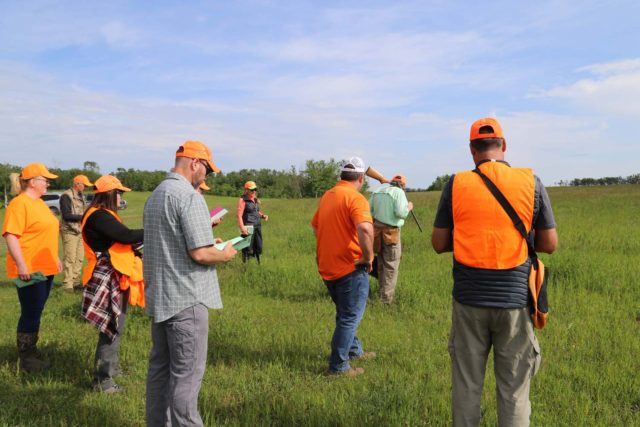 a group of people in bright orange clothing standing in a green open field