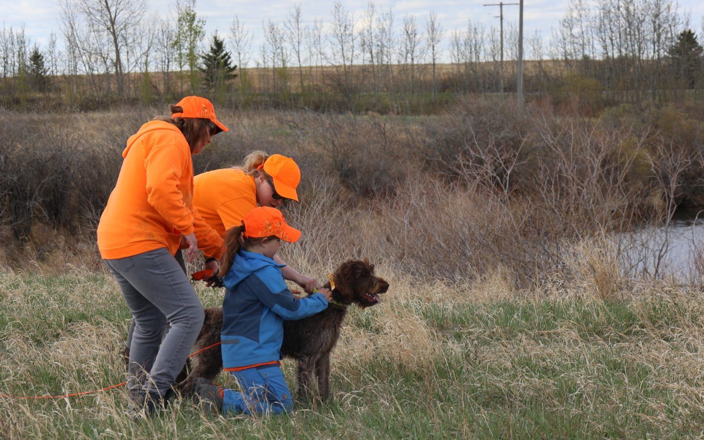 two women and a child standing next to a dog while adjusting the dog's collar