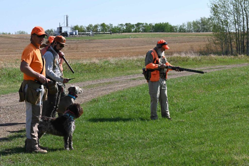 a couple of men standing next to a dog